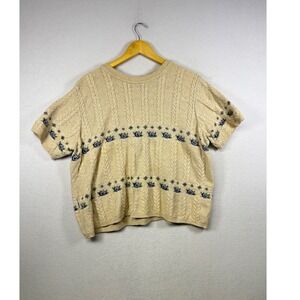 100% Cotton Forever Knit Sweater Short Sleeve Cable Knit Pattern Beige XLarge